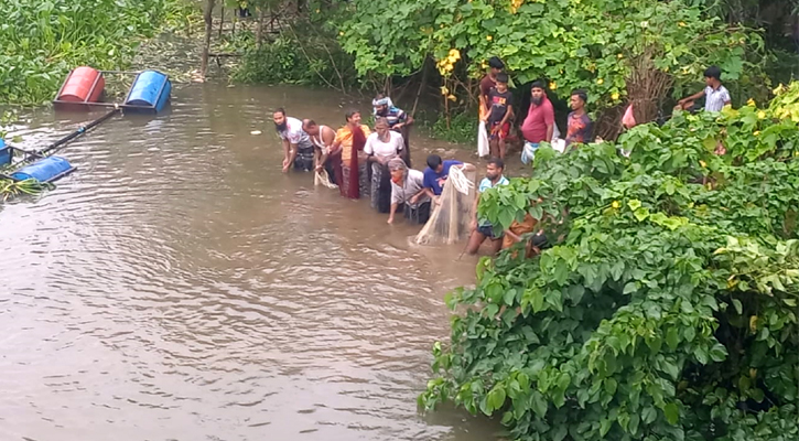 ডাকাতিয়া নদীতে ভেসে যাওয়া ঘেরের মাছ ধরছেন স্থানীয়রা